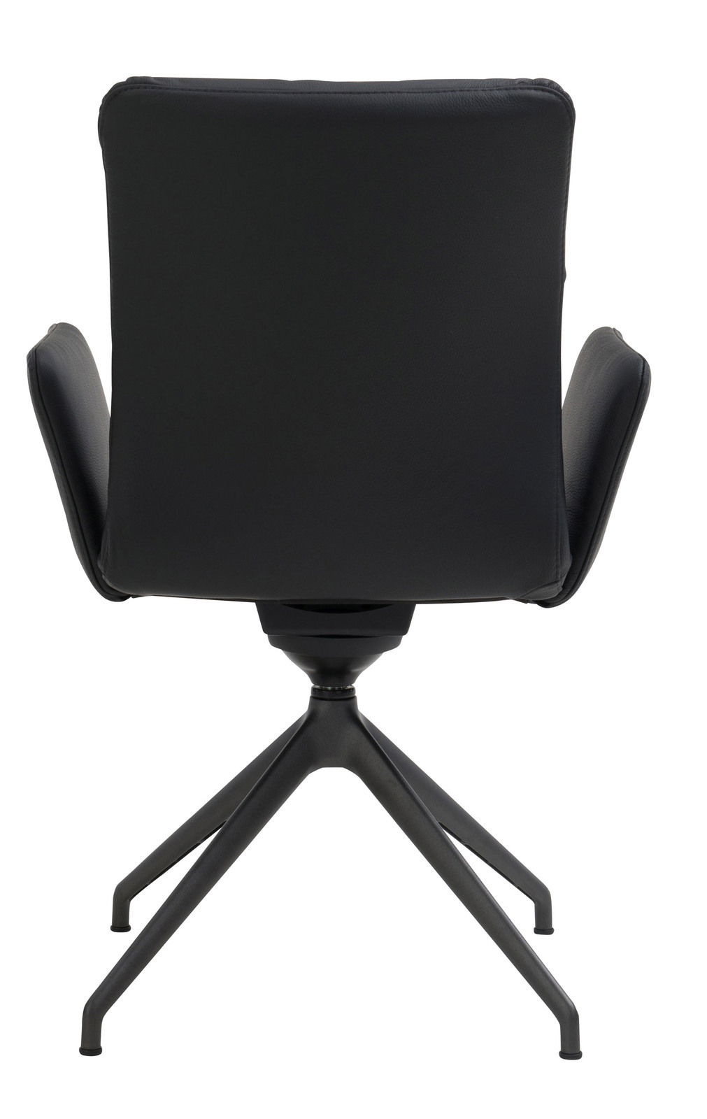Rückansicht eines schwarzen Armlehnstuhls mit vier Beinen und modernem Design.