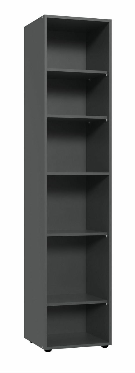 Hohes Eckregal mit fünf offenen Fächern in dunkler Farbe, seitliche Perspektive