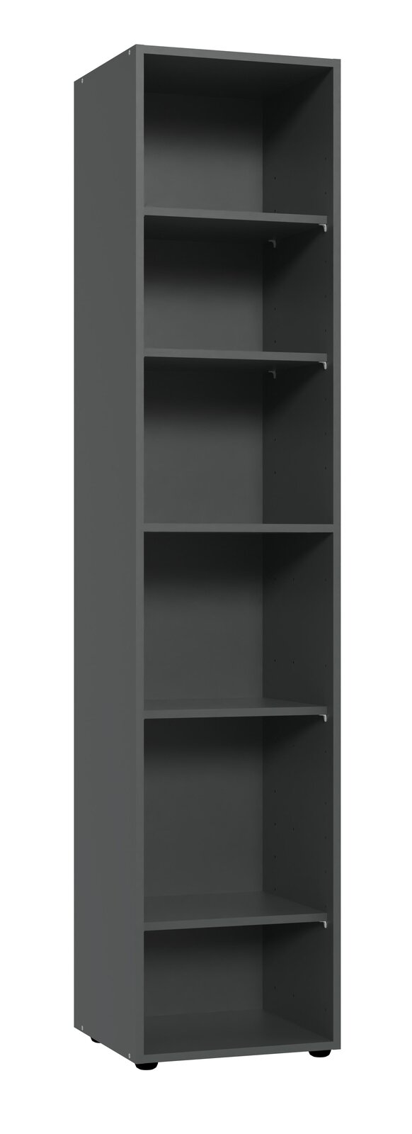 Hohes Eckregal mit fünf offenen Fächern in dunkler Farbe, seitliche Perspektive