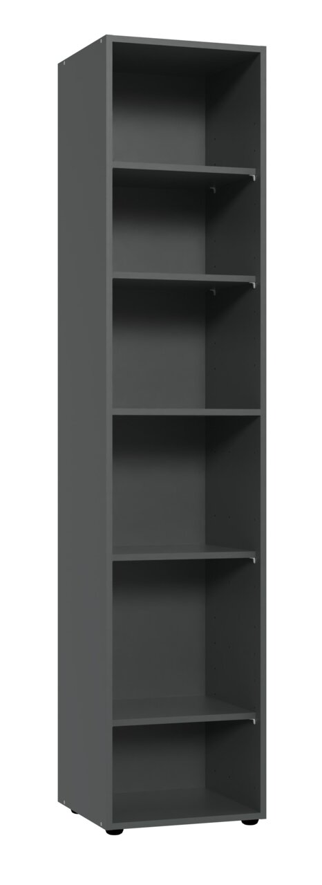 XORA Eckregal hoch MULTIRAUMKONZEPT Hohes Eckregal mit fünf offenen Fächern in dunkler Farbe, seitliche Perspektive