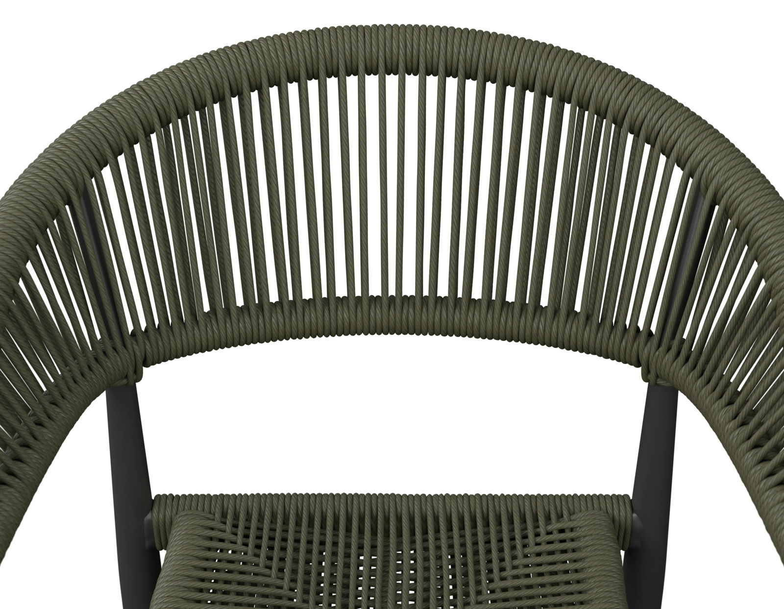 Nahaufnahme eines Stapelsessels mit geflochtenem Seil-Design in Olivgrün, von oben betrachtet.
