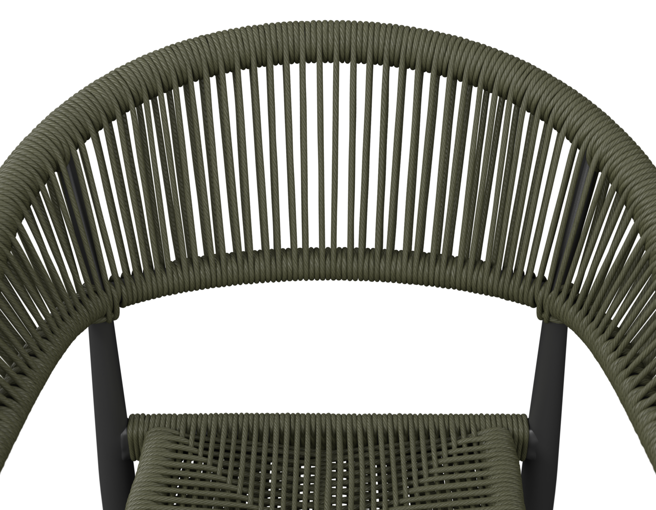 Nahaufnahme eines Stapelsessels mit geflochtenem Seil-Design in Olivgrün, von oben betrachtet.