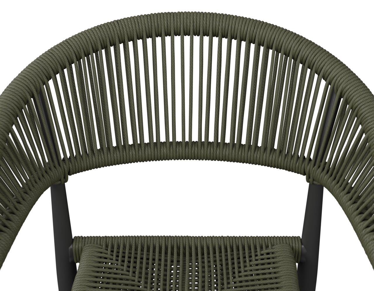 Nahaufnahme eines Stapelsessels mit geflochtenem Seil-Design in Olivgrün, von oben betrachtet.