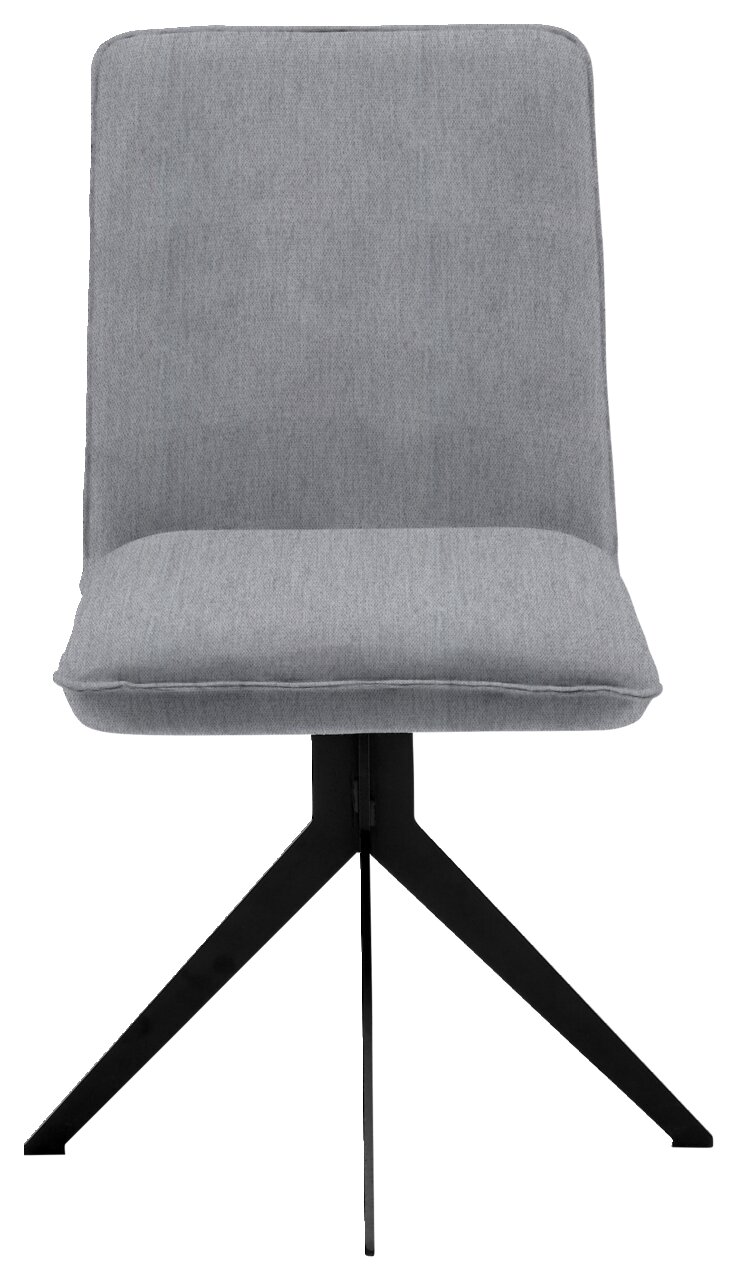 Grauer Stuhl mit Stoffbezug und schwarzem Metallgestell, Frontalansicht