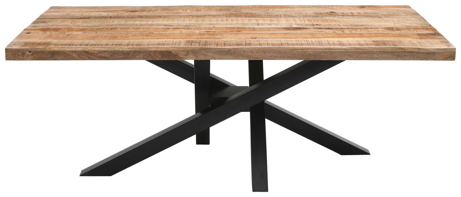 Moderner Esstisch aus Holz mit schwarzem Metallgestell, seitliche Perspektive