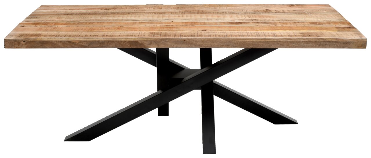 Moderner Esstisch aus Holz mit schwarzem Metallgestell, seitliche Perspektive