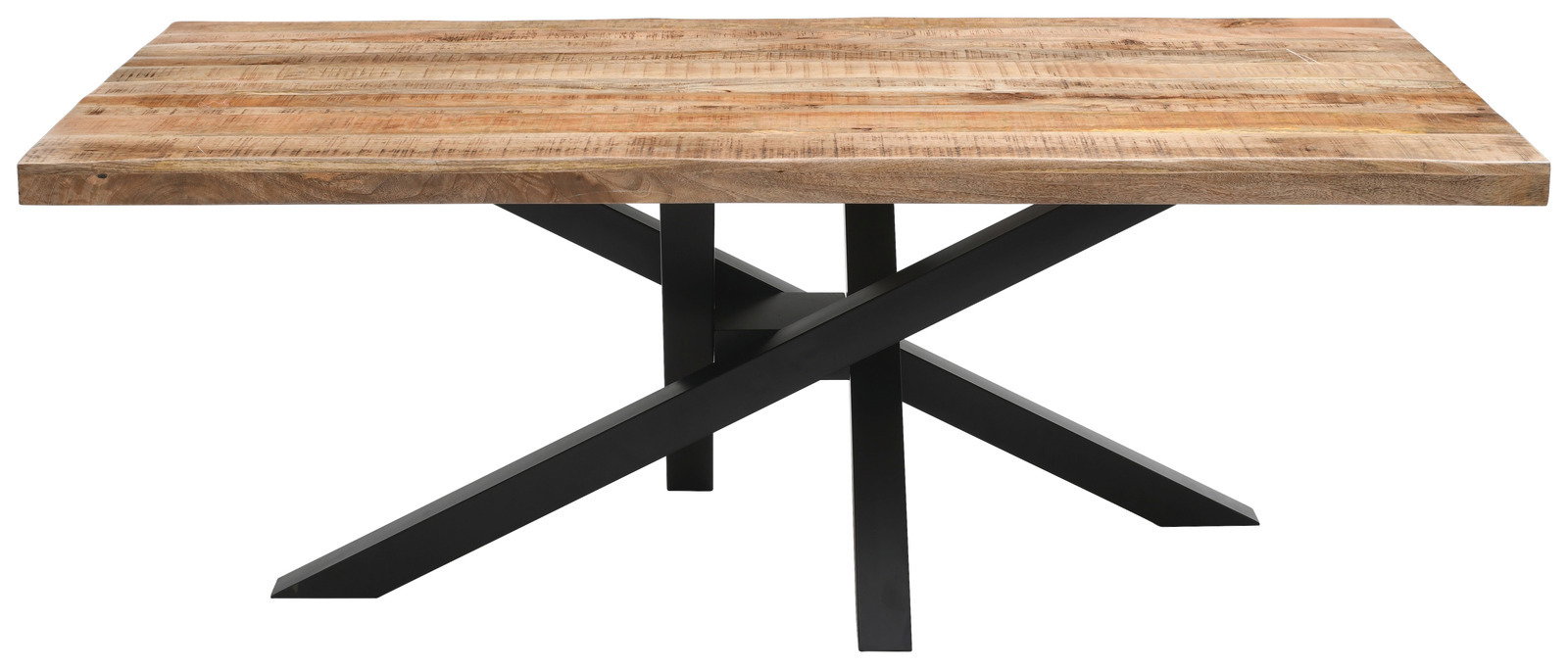 Moderner Esstisch aus Holz mit schwarzem Metallgestell, seitliche Perspektive