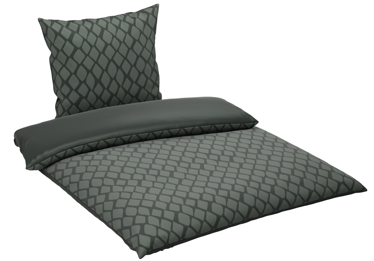 Wendebettwäsche mit geometrischem Muster in dunklen Tönen, Ansicht von schräg oben