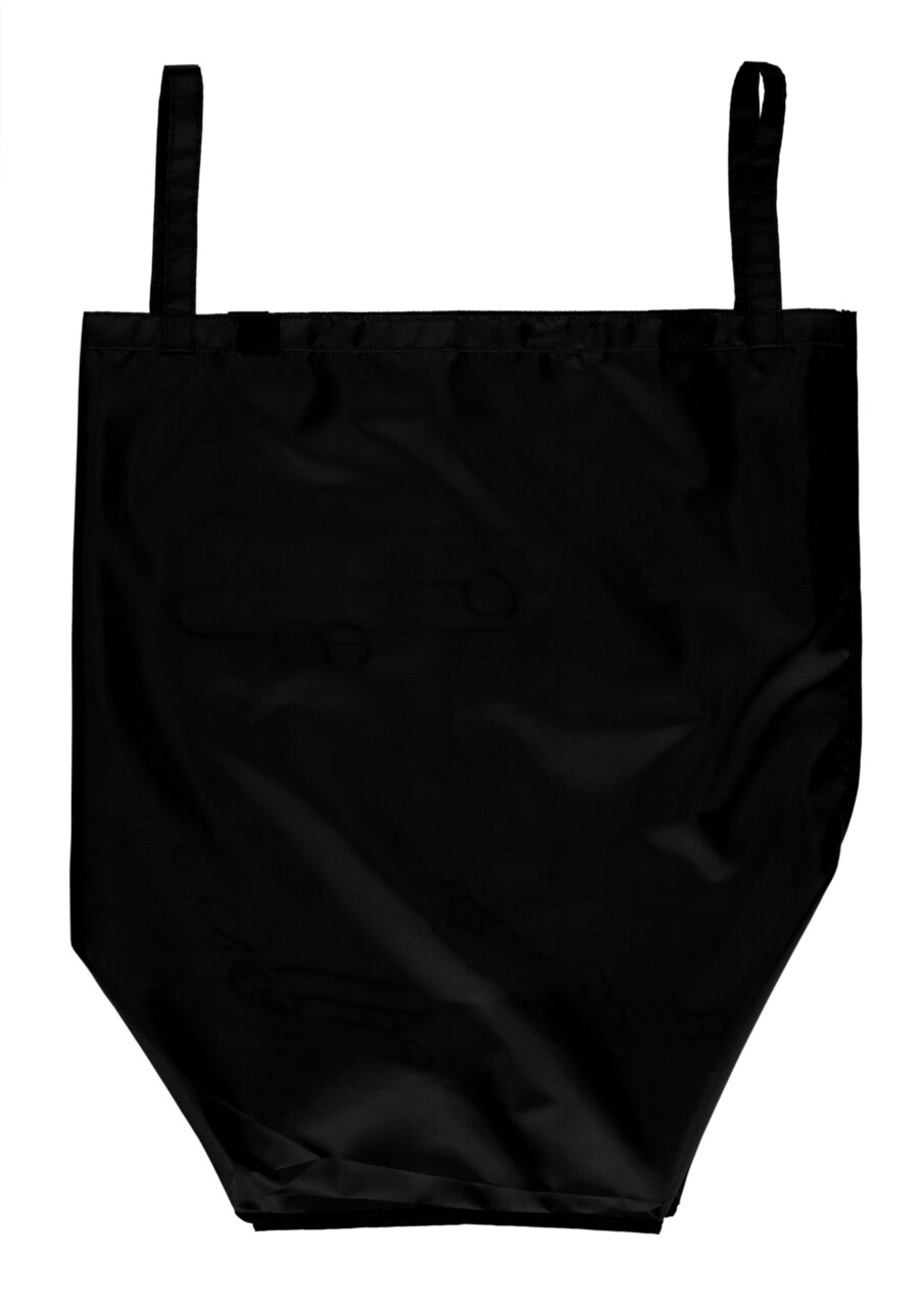 Schwarzer Pfandflaschen Sammelbehälter aus Stoff, Vorderansicht mit zwei Tragegriffen.