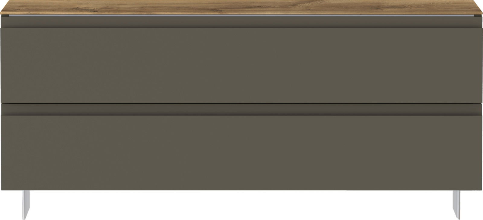 Frontansicht einer Garderobenbank mit zwei Schubladen in dunklem Grau und einer Holzoberfläche.