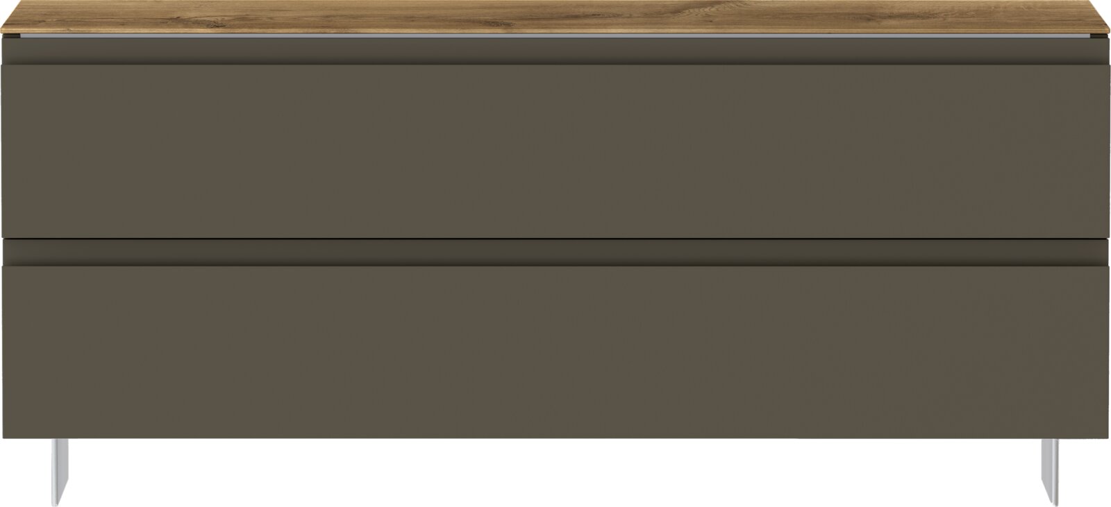 Moderano Garderobenbank LECCO Frontansicht einer Garderobenbank mit zwei Schubladen in dunklem Grau und einer Holzoberfläche.