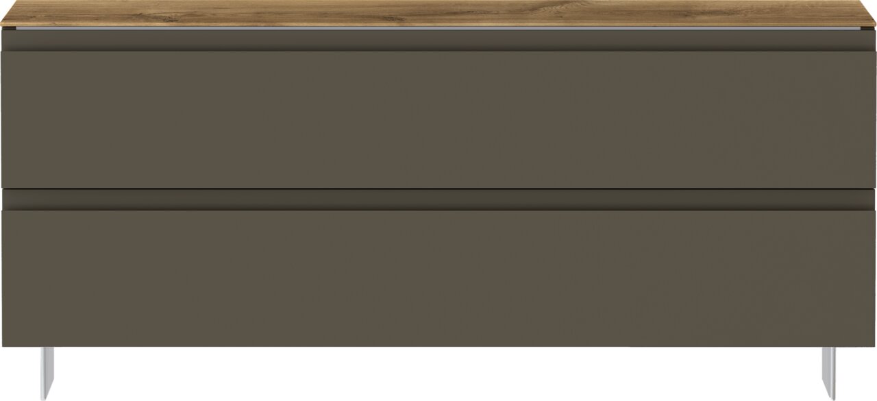 Frontansicht einer Garderobenbank mit zwei Schubladen in dunklem Grau und einer Holzoberfläche.