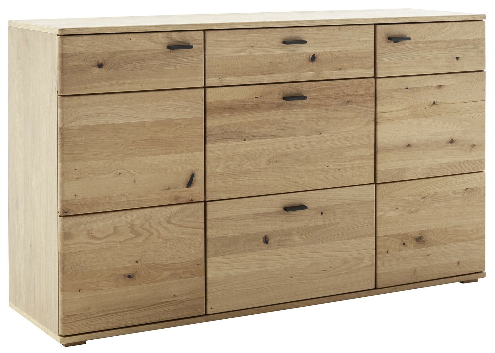Holz-Sideboard mit mehreren Schubladen und Türen, aus hellem Holz mit natürlicher Maserung, seitliche Perspektive