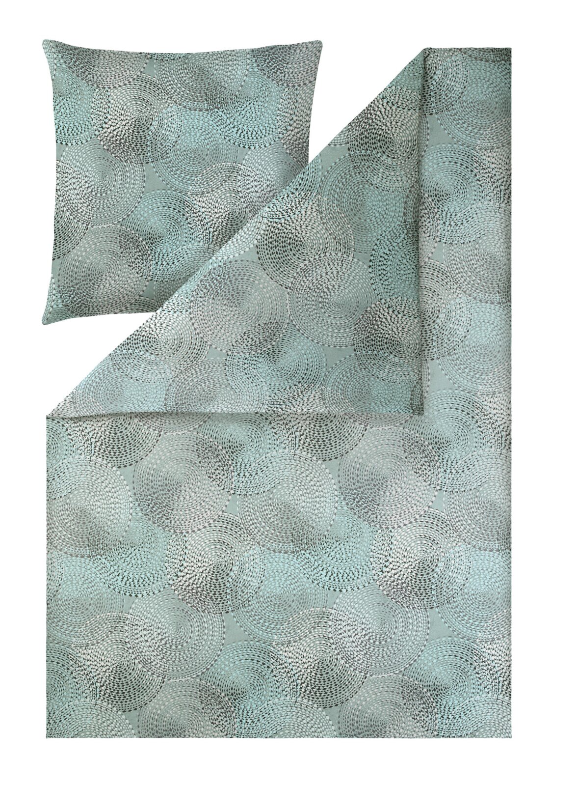 Estella Bettwäsche ORION Bettwäsche-Set mit Kissenbezug und Deckenbezug in Mintgrau mit kreisförmigem Spiral-Muster, frontal in leichter Schrägansicht auf weißem Hintergrund