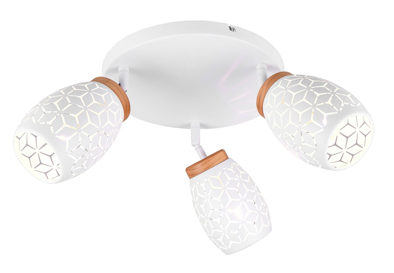 Dreiflammiger Deckenstrahler mit geometrischem Muster, aus der Perspektive von unten betrachtet.