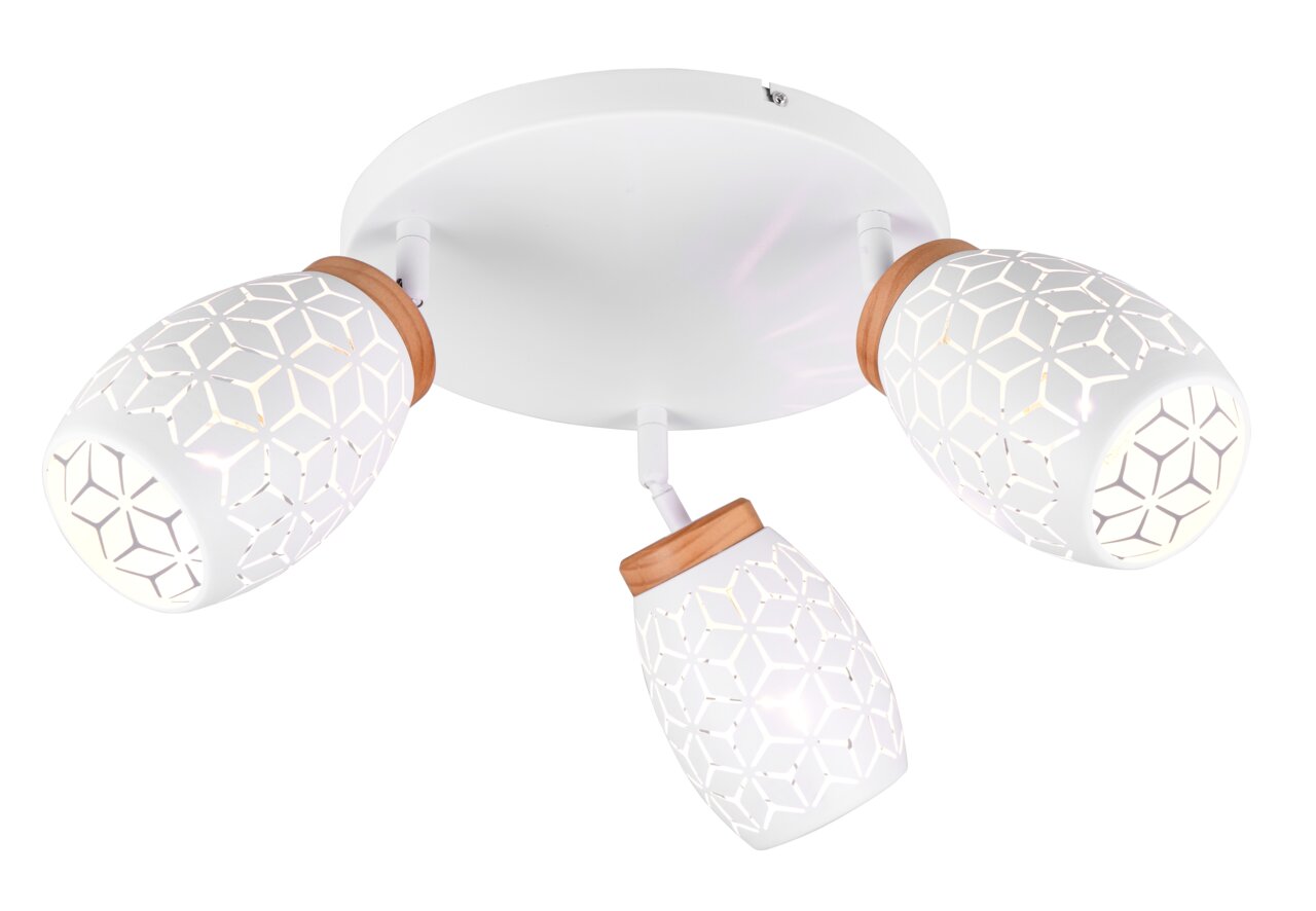 Dreiflammiger Deckenstrahler mit geometrischem Muster, aus der Perspektive von unten betrachtet.