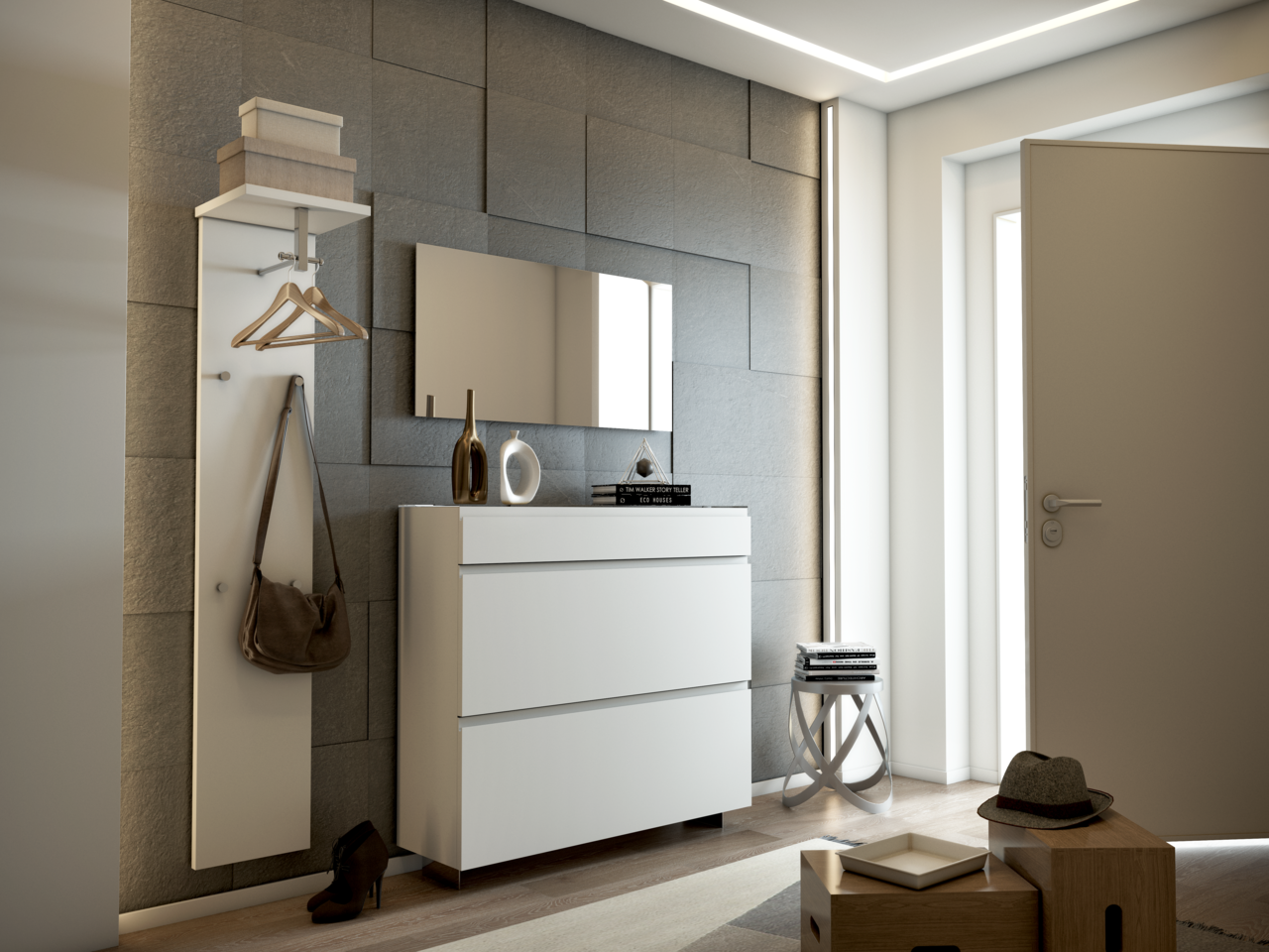 Moderano Garderoben-Set LECCO Modernes Garderobenset in einem Flur mit Wandspiegel, weißem Schrank und Hakenleiste, seitliche Perspektive.