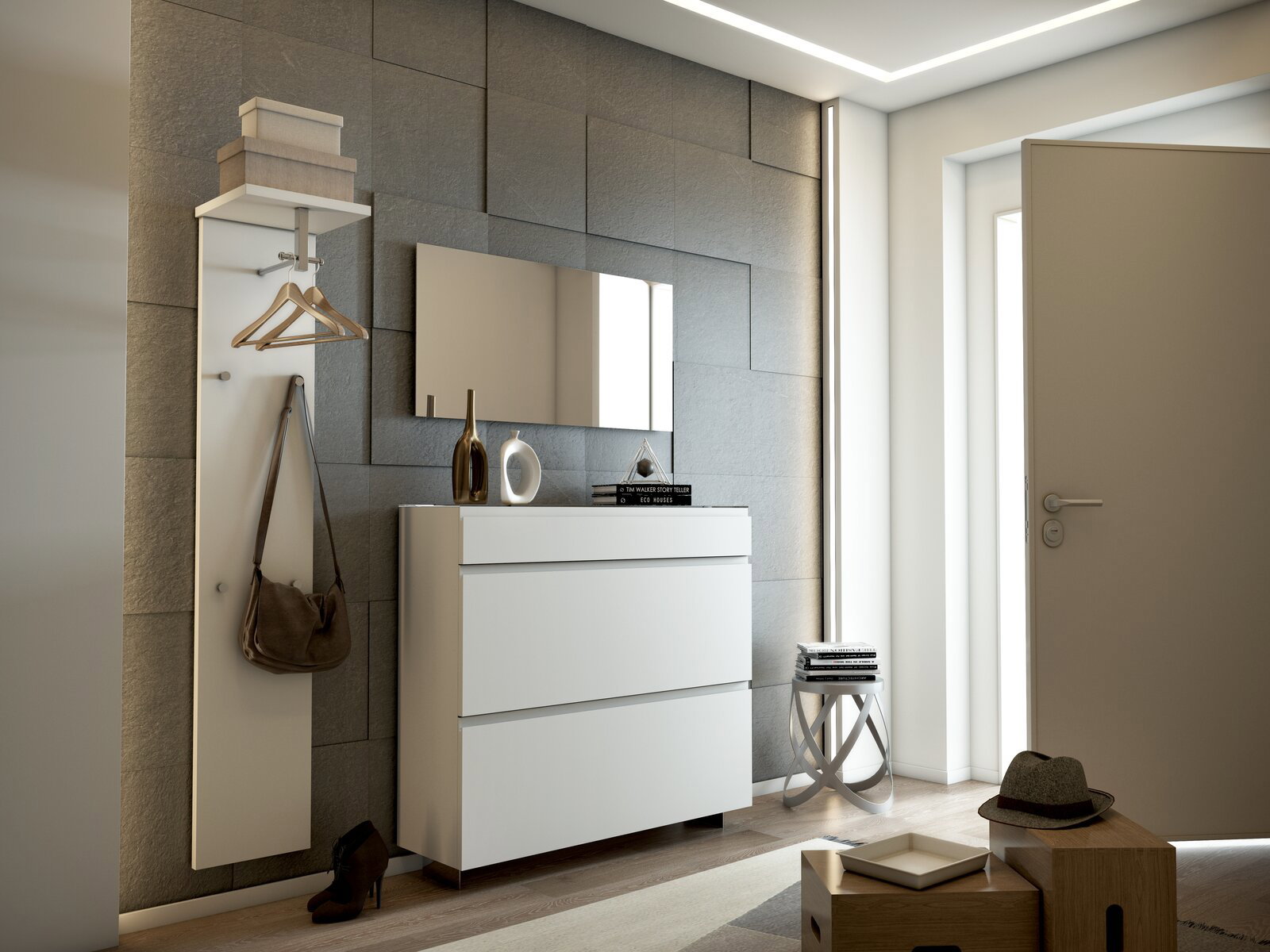 Moderano Garderoben-Set LECCO Modernes Garderobenset in einem Flur mit Wandspiegel, weißem Schrank und Hakenleiste, seitliche Perspektive.