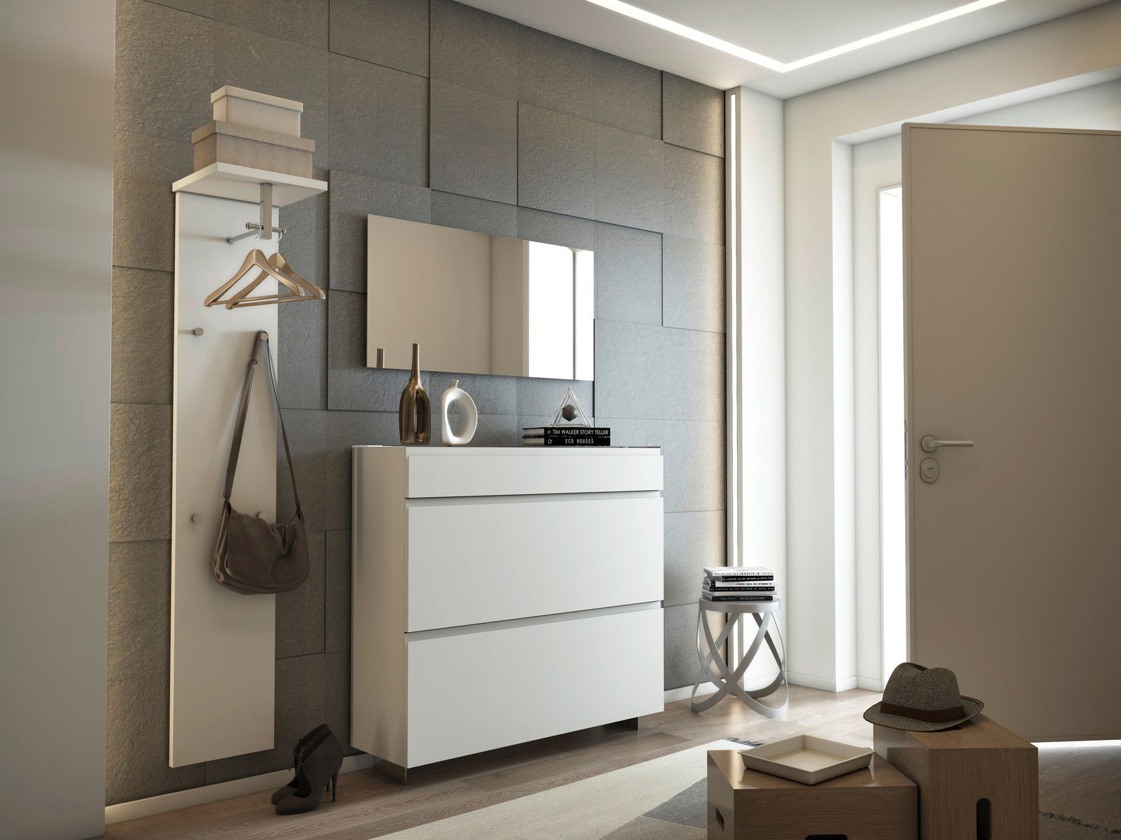 Moderano Garderoben-Set LECCO Modernes Garderobenset in einem Flur mit Wandspiegel, weißem Schrank und Hakenleiste, seitliche Perspektive.