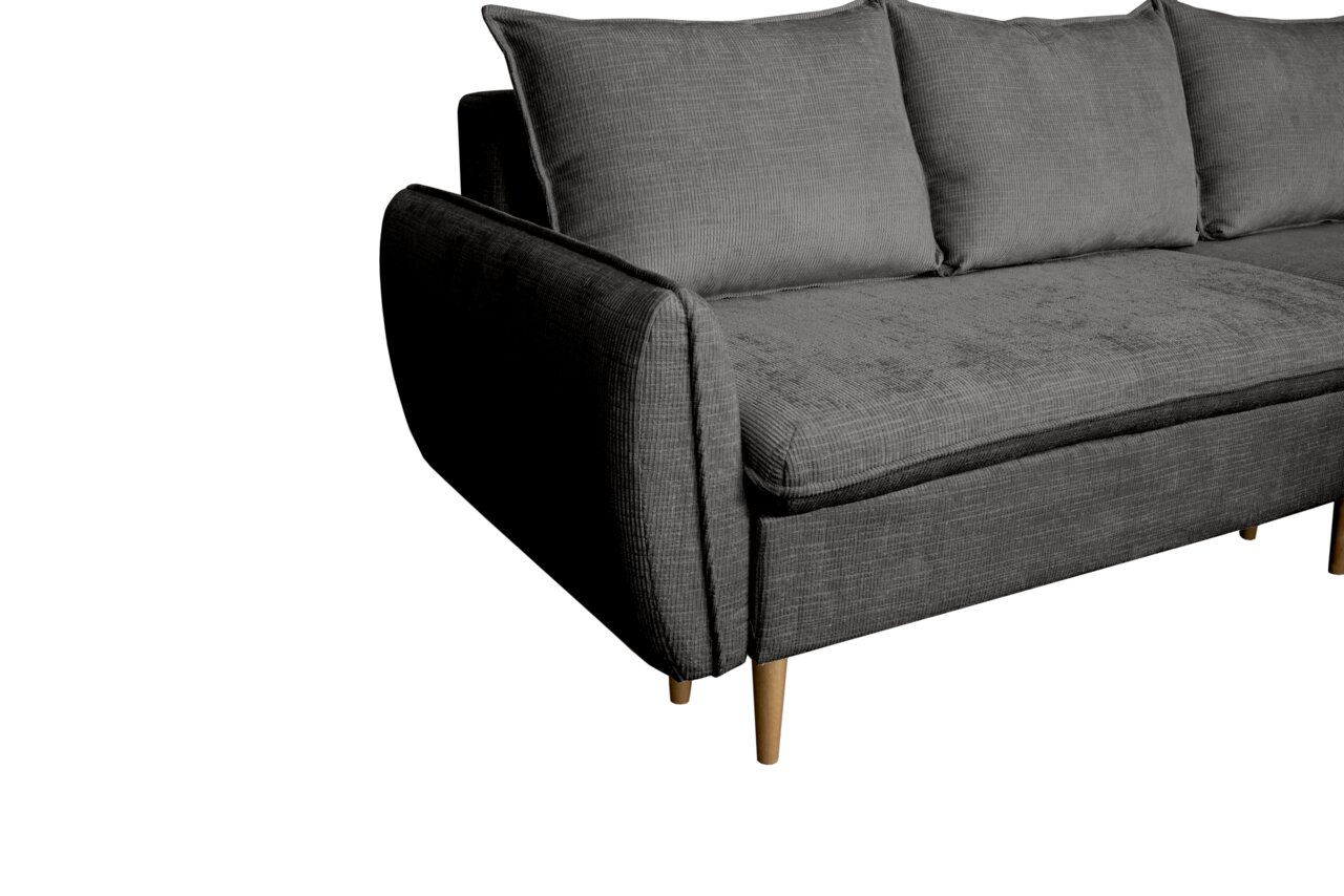 Graues Sofa mit Holzbeinen, seitliche Perspektive