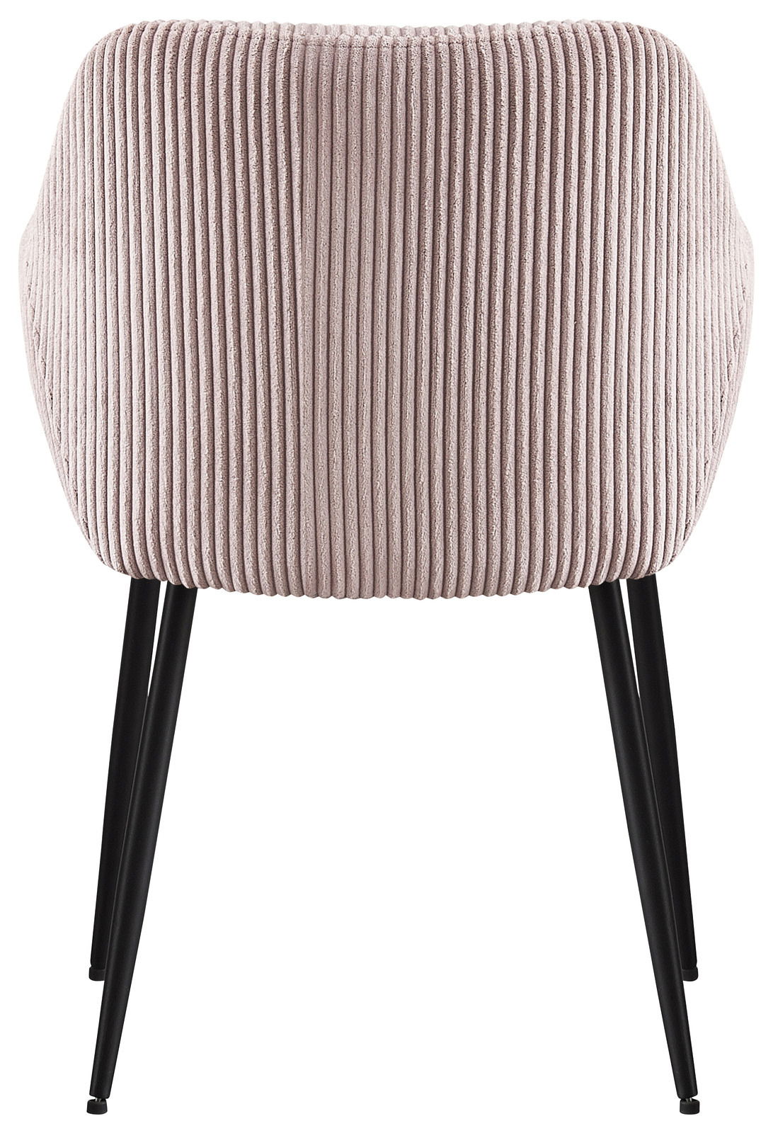 Rückansicht eines Armlehnstuhls mit geripptem Stoffbezug und schwarzen Metallbeinen
