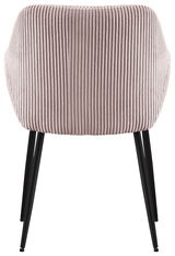 Rückansicht eines Armlehnstuhls mit geripptem Stoffbezug und schwarzen Metallbeinen