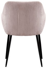 Rückansicht eines Armlehnstuhls mit geripptem Stoffbezug und schwarzen Metallbeinen