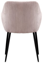 Rückansicht eines Armlehnstuhls mit geripptem Stoffbezug und schwarzen Metallbeinen