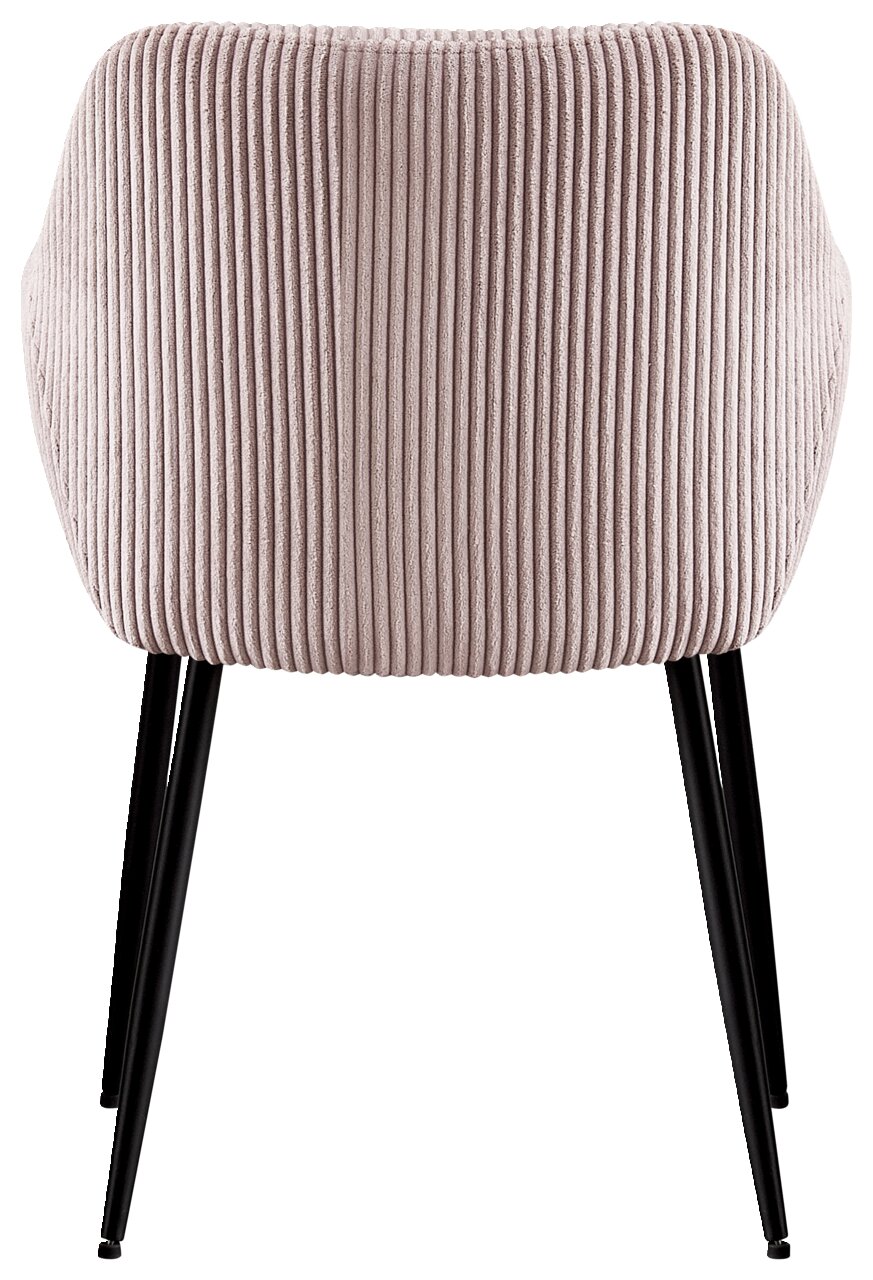 Rückansicht eines Armlehnstuhls mit geripptem Stoffbezug und schwarzen Metallbeinen