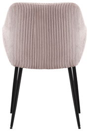 Rückansicht eines Armlehnstuhls mit geripptem Stoffbezug und schwarzen Metallbeinen