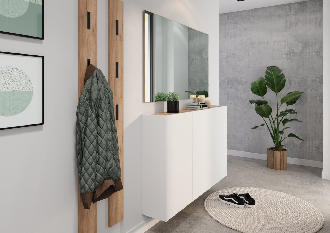 Moderner Flur mit weißem Mehrzweckschrank, Spiegel, Pflanzen und Wandgarderobe, seitliche Perspektive