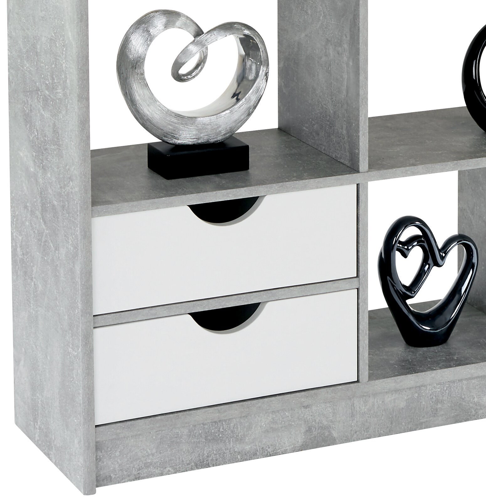 Grauer Raumteiler mit zwei weißen Schubladen und dekorativen Skulpturen, seitliche Perspektive