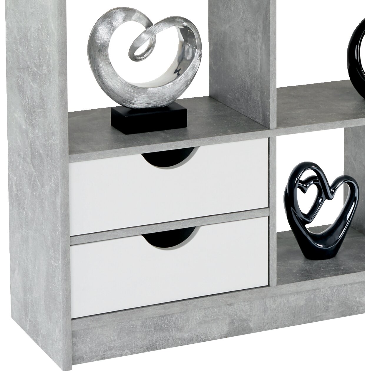 Grauer Raumteiler mit zwei weißen Schubladen und dekorativen Skulpturen, seitliche Perspektive