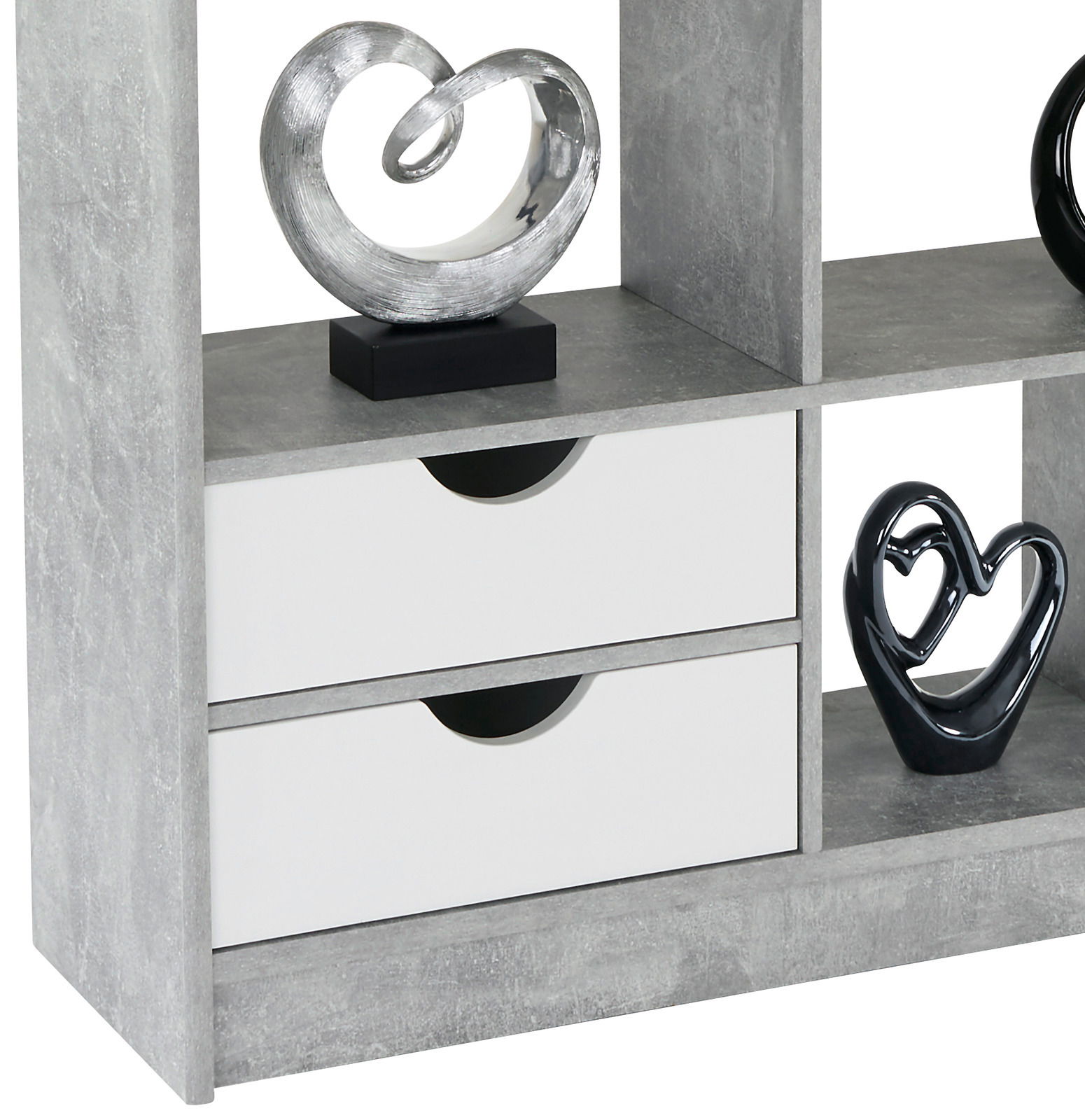 Grauer Raumteiler mit zwei weißen Schubladen und dekorativen Skulpturen, seitliche Perspektive