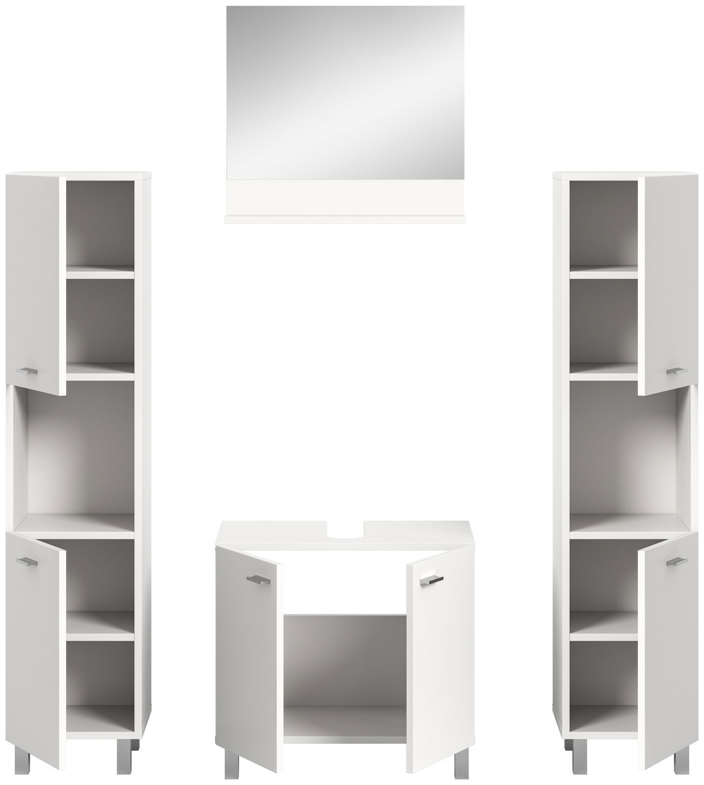 Frontale Ansicht der weißen Badkombination BOSTON mit zwei hohen Schränken, einem Waschbeckenunterschrank und einem Spiegel.