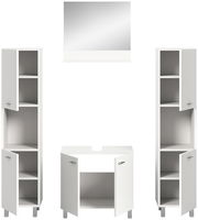 Frontale Ansicht der weißen Badkombination BOSTON mit zwei hohen Schränken, einem Waschbeckenunterschrank und einem Spiegel.