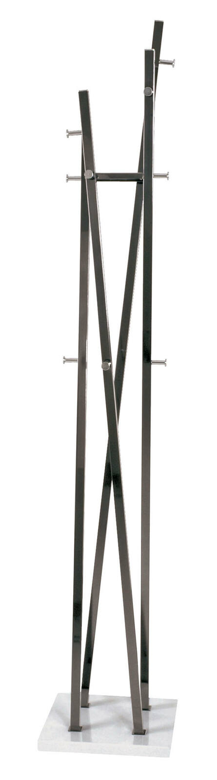 Moderner Garderobenständer aus Metall mit mehreren Haken, auf einer stabilen Basis stehend, frontal abgebildet.