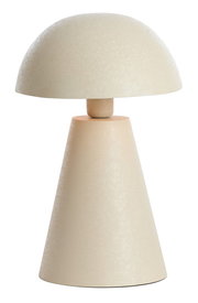 Beige Tischleuchte in konischer Form mit halbrundem Schirm, seitliche Perspektive