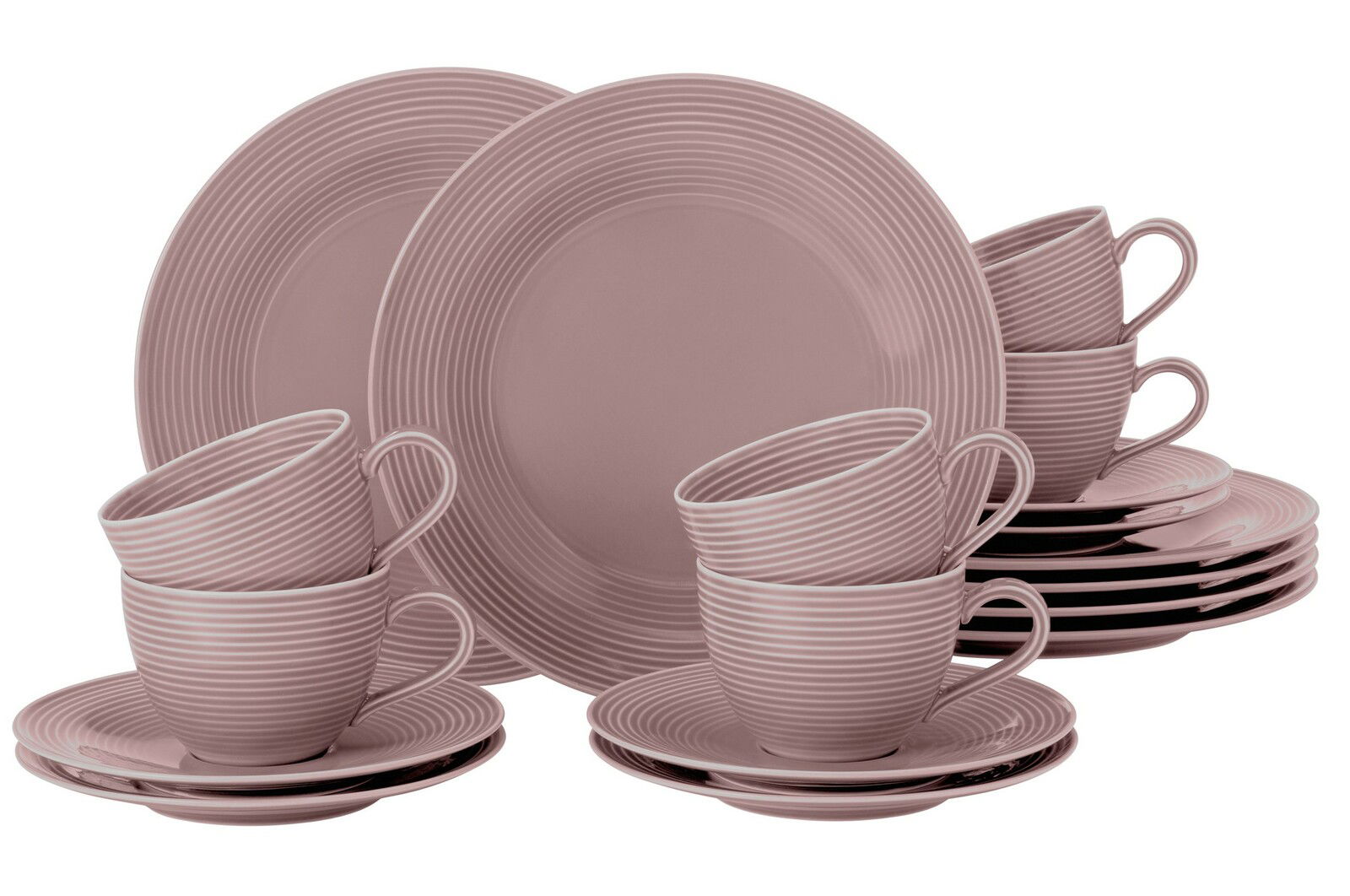 18-teiliges Kaffeeservice in Rosa mit Streifenmuster, bestehend aus Tassen, Untertassen und Tellern, frontal abgebildet.