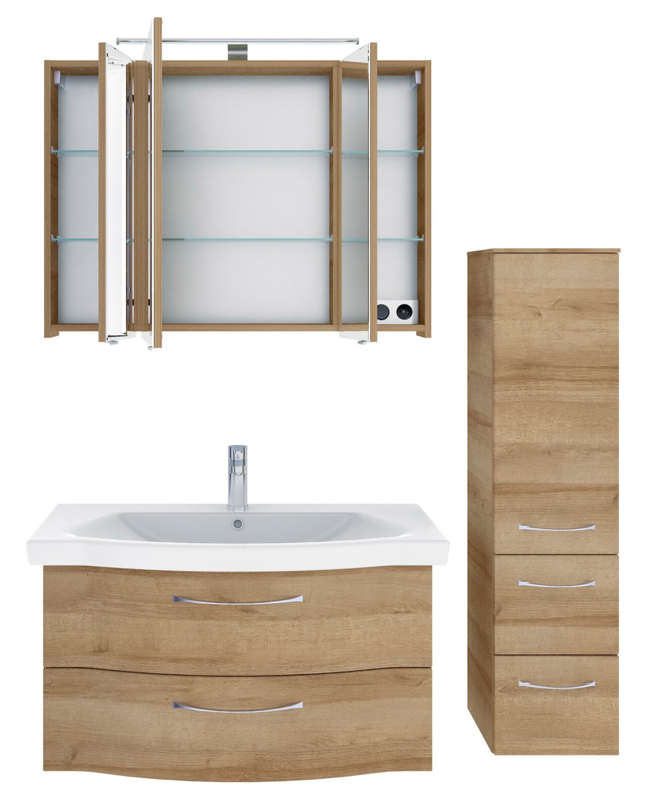 Badezimmermöbel-Set in Holzoptik, bestehend aus einem Spiegelschrank mit Glasregalen, einem Waschbeckenunterschrank mit zwei Schubladen und einem hohen Schrank mit drei Schubladen, Frontalansicht.
