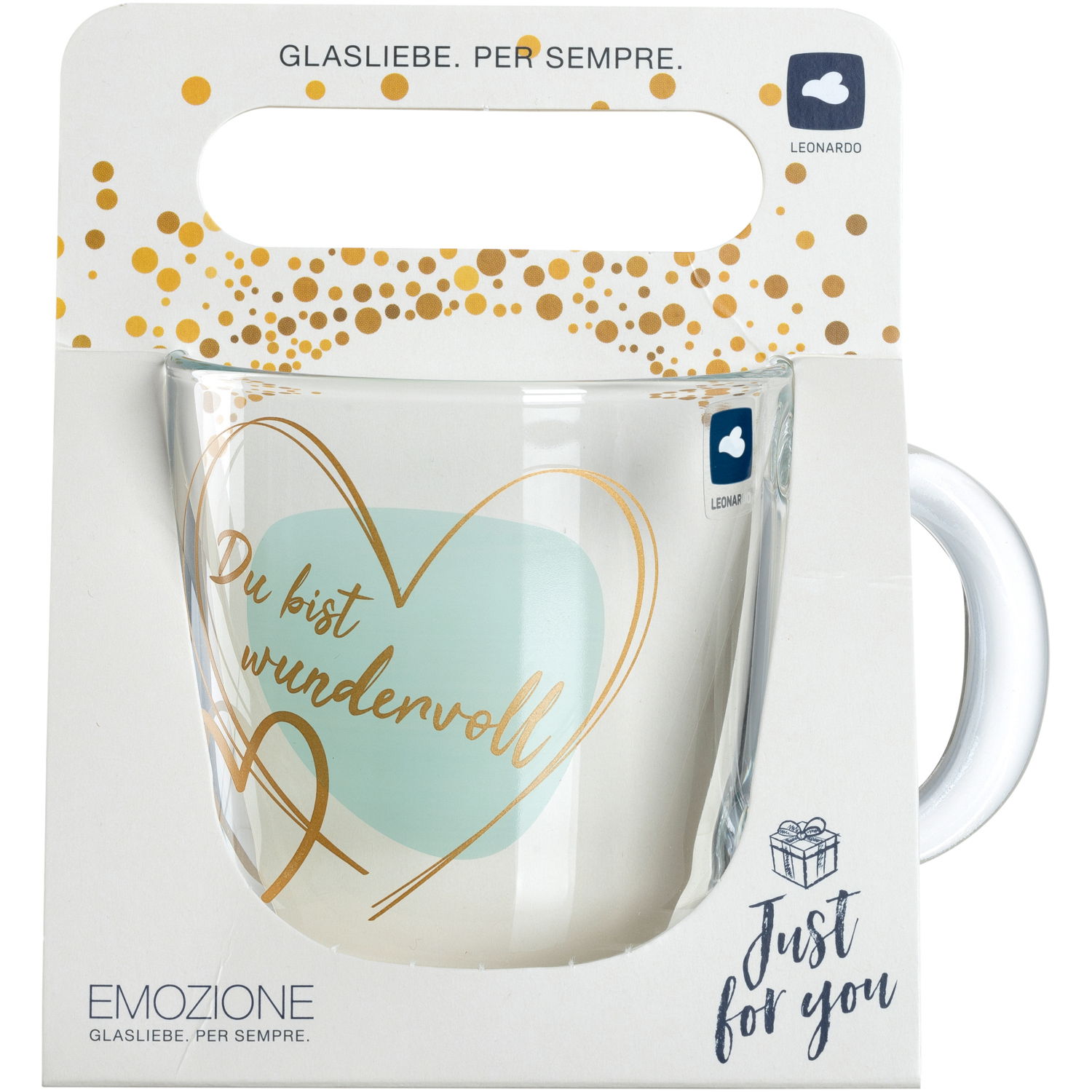 Glas-Tasse mit der Aufschrift 'Du bist wundervoll' in einem goldenen Herz, präsentiert in einer Verpackung mit goldenen Punkten und der Aufschrift 'Just for you'. Frontalansicht.