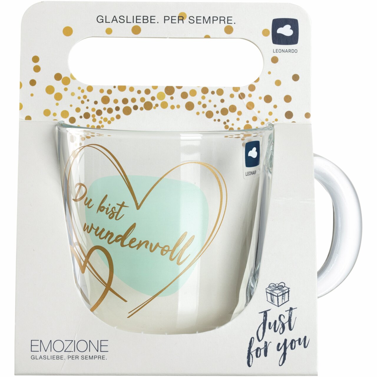 Glas-Tasse mit der Aufschrift 'Du bist wundervoll' in einem goldenen Herz, präsentiert in einer Verpackung mit goldenen Punkten und der Aufschrift 'Just for you'. Frontalansicht.