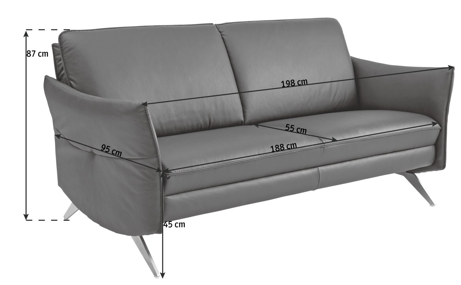 Graues 2,5-Sitzer-Sofa mit modernen Metallfüßen, seitliche Perspektive, Maße: 198 cm Breite, 95 cm Tiefe, 87 cm Höhe.