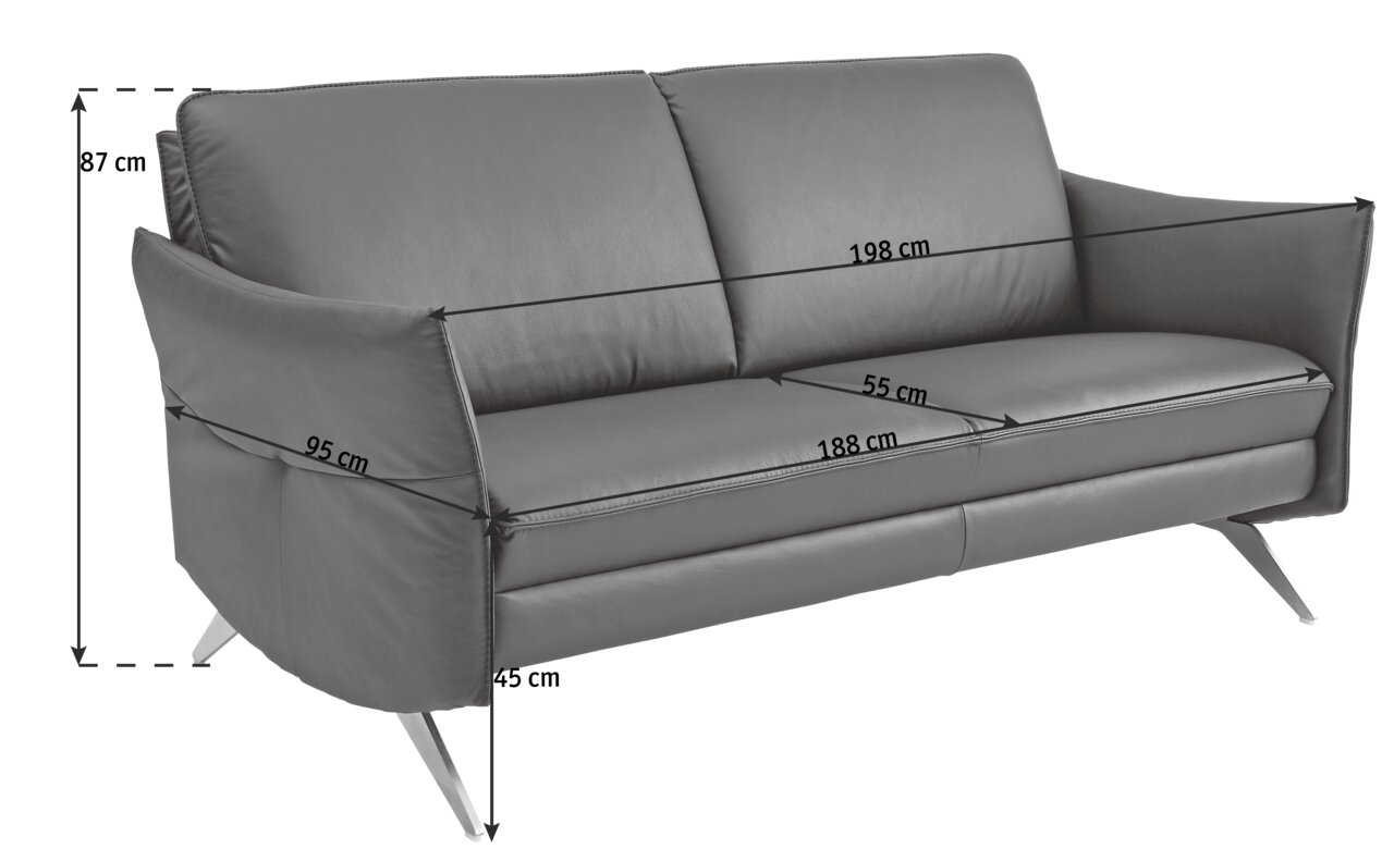Graues 2,5-Sitzer-Sofa mit modernen Metallfüßen, seitliche Perspektive, Maße: 198 cm Breite, 95 cm Tiefe, 87 cm Höhe.
