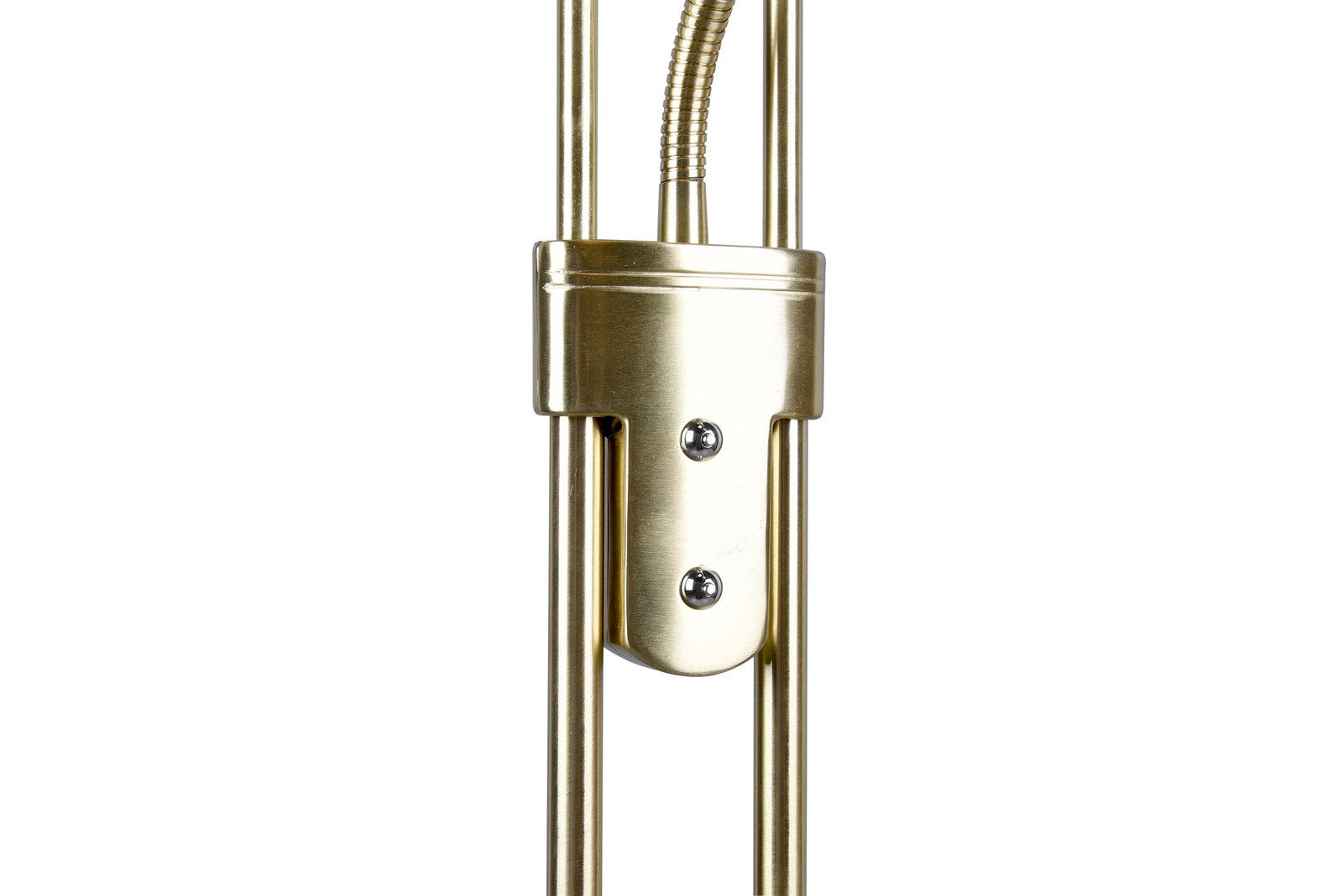 Nahaufnahme eines goldfarbenen LED-Deckenfluters mit zwei vertikalen Stangen und einem flexiblen Hals.