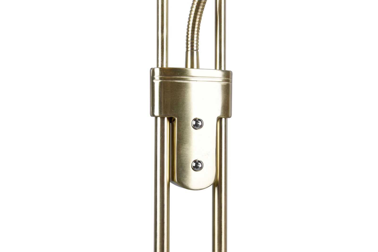 Nahaufnahme eines goldfarbenen LED-Deckenfluters mit zwei vertikalen Stangen und einem flexiblen Hals.