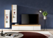 Moderne Wohnzimmer-Vitrine in Weiß und Holzoptik, frontal betrachtet, mit dekorativen Objekten und einem großen Fernseher.