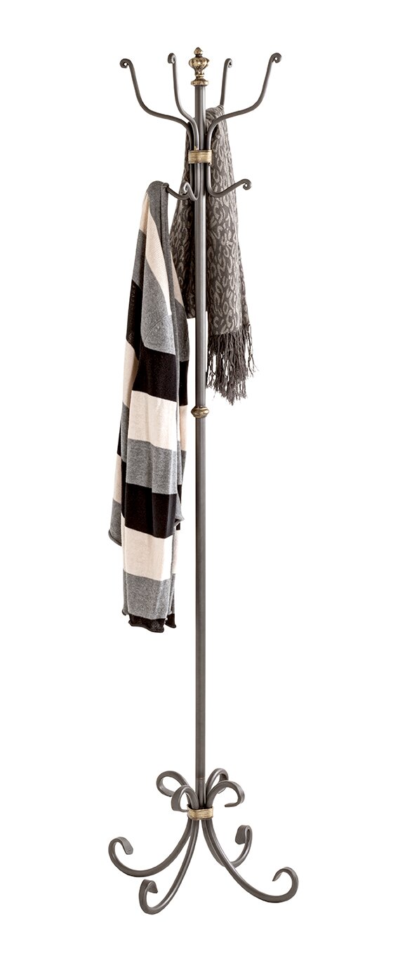 Freistehender Metall-Garderobenständer in Dunkelgrau mit goldfarbenen Akzenten, mehreren geschwungenen Haken und dekorativem Standfuß, mit zwei Schals behängt; Produktansicht frontal auf weißem Hintergrund.