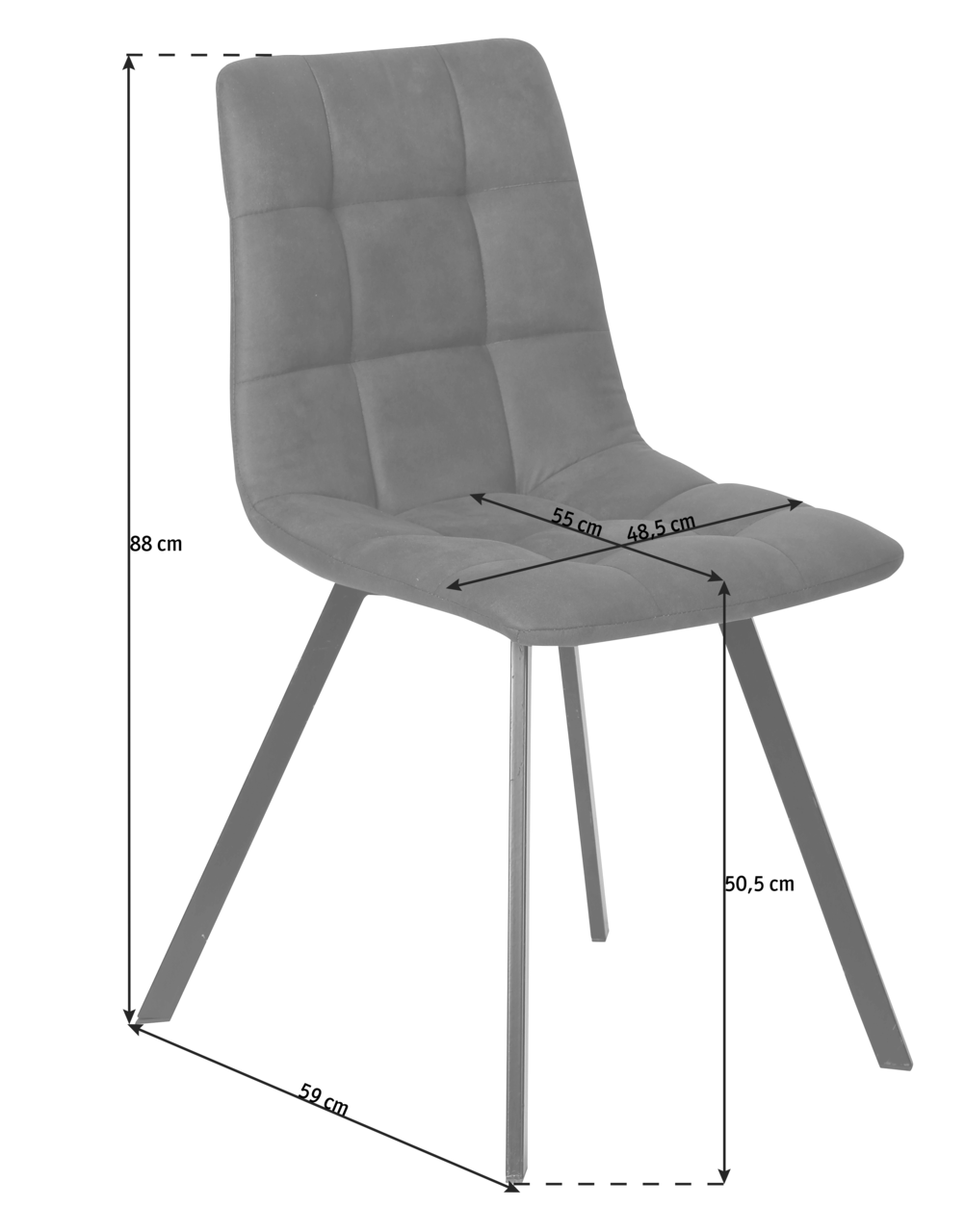 Grauer Stuhl mit gepolsterter Sitzfläche und Rückenlehne, seitliche Perspektive, Maße: 88 cm hoch, 59 cm tief, 55 cm Sitzbreite, 48,5 cm Sitztiefe, 50,5 cm Sitzhöhe.