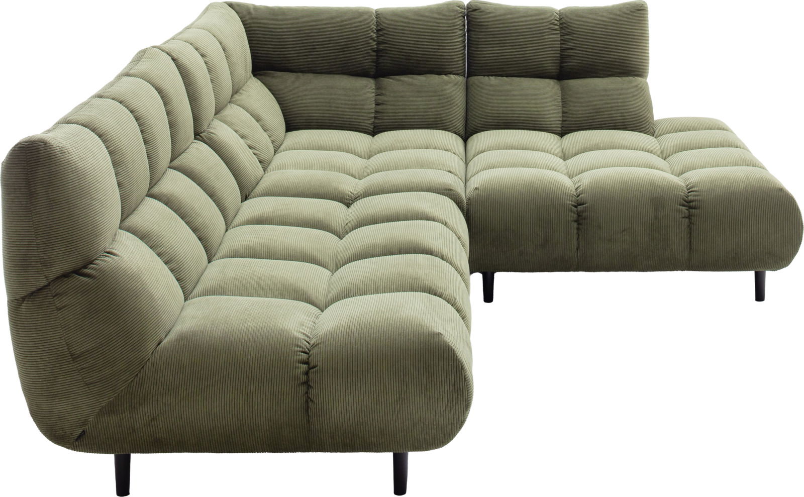 Grüne Eckgarnitur aus Cordstoff mit gepolsterten Sitzen und Rückenlehnen, seitliche Perspektive